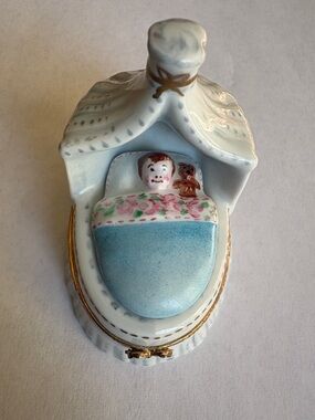 Limoges Baby Boy With Teddy In Bassinet Trinket Box